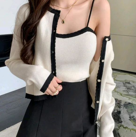 2pcs/Set Women Contrast Color Sleeveless Cardigan - Picture 2 of 4